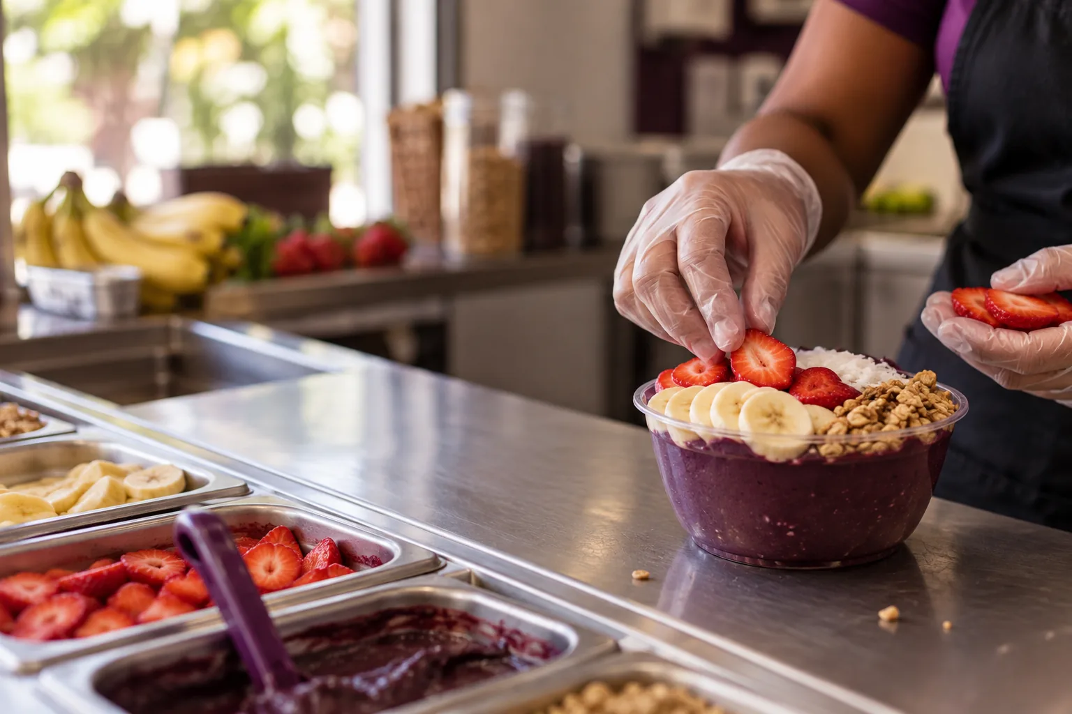 Preparo de uma tigela de açaí com frutas em uma loja